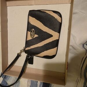 Coach Black and Beige Striped Leather Wristlet with Gold Emblem